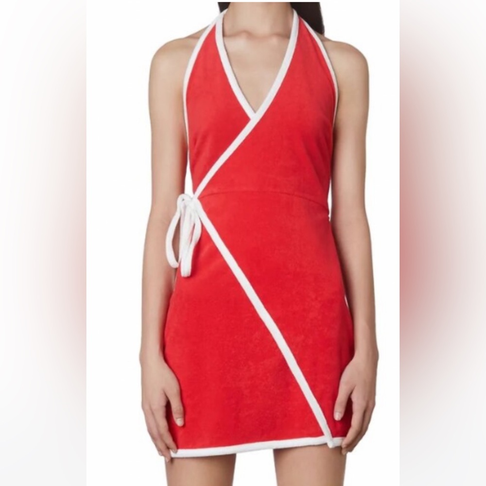 Nia Terry Cloth Red Halter Wrap Dress with White Trim SMALL